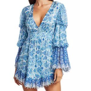 Hemant & Nandita PAISLEY Pleated Blouson Metallic V-Neck Mini Dress